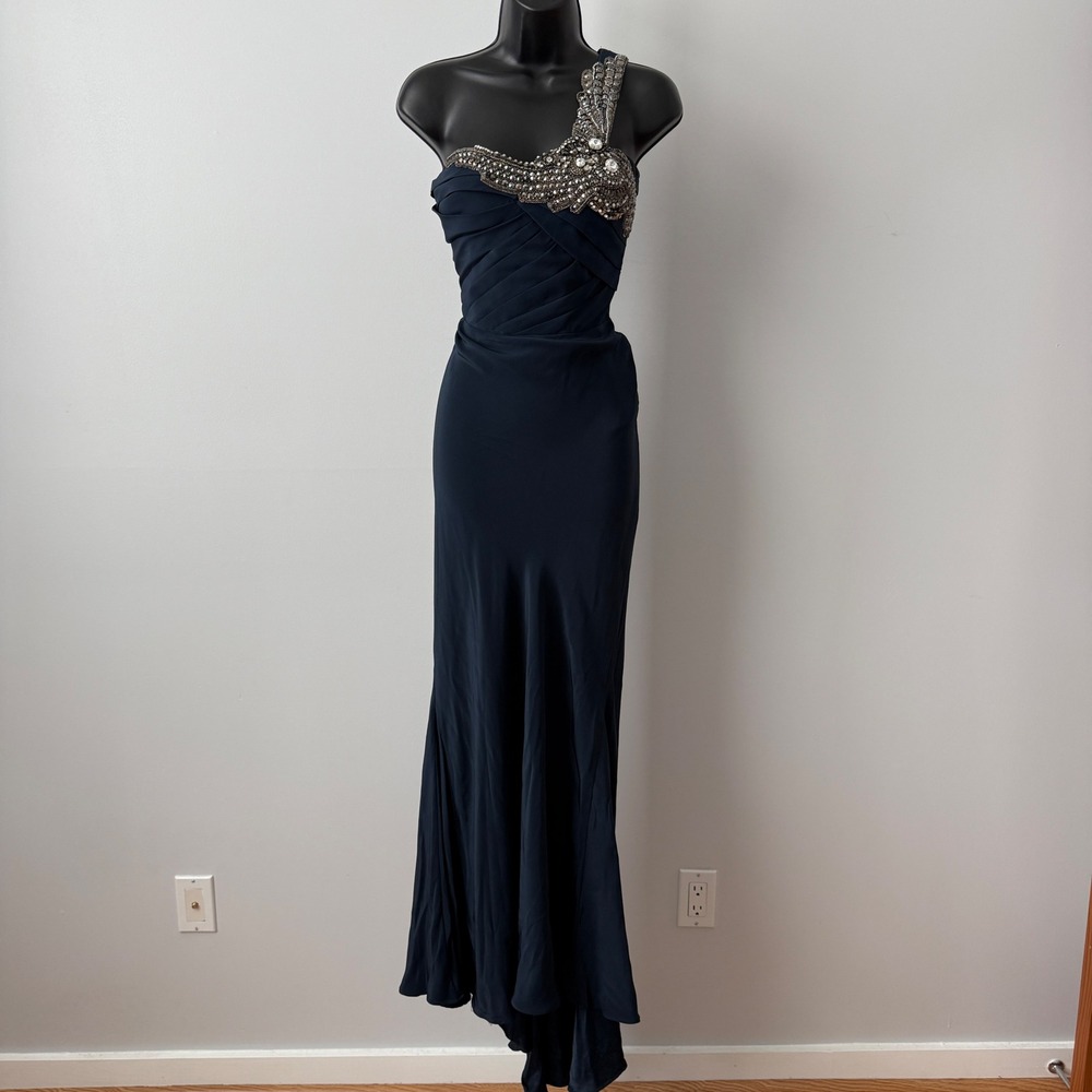 Dina Bar-El sz 6 Blue One Shoulder Beaded Evening Gown Dress Formal Avante Garde